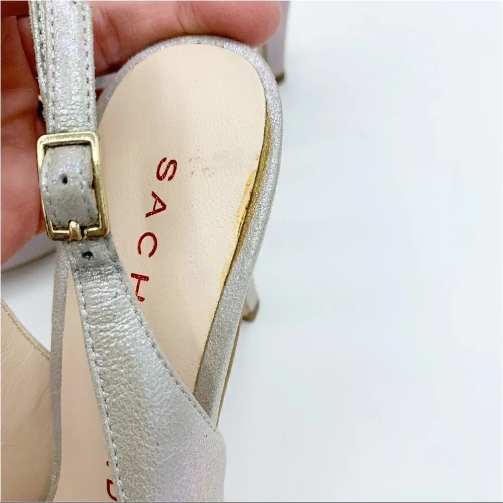 Lulu Townsend‎ Tara Iridescent Silver Sling Back Peep Toe Platform Evening Heels